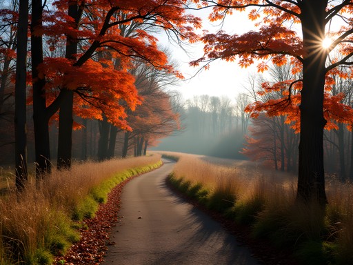 Autumn trail through Lyons Woods Forest Preserve showing gentle hills and colorful fall foliage