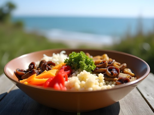 Colorful vegan bibimbap bowl with local vegetables against backdrop of Lake Michigan