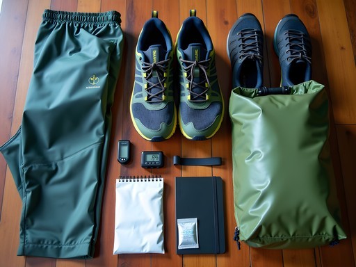 Essential monsoon trekking gear laid out including quick-dry clothing and waterproof equipment protection