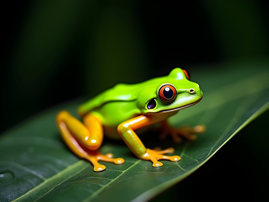 Bright green Malabar gliding frog on dark leaf during monsoon in Western Ghats