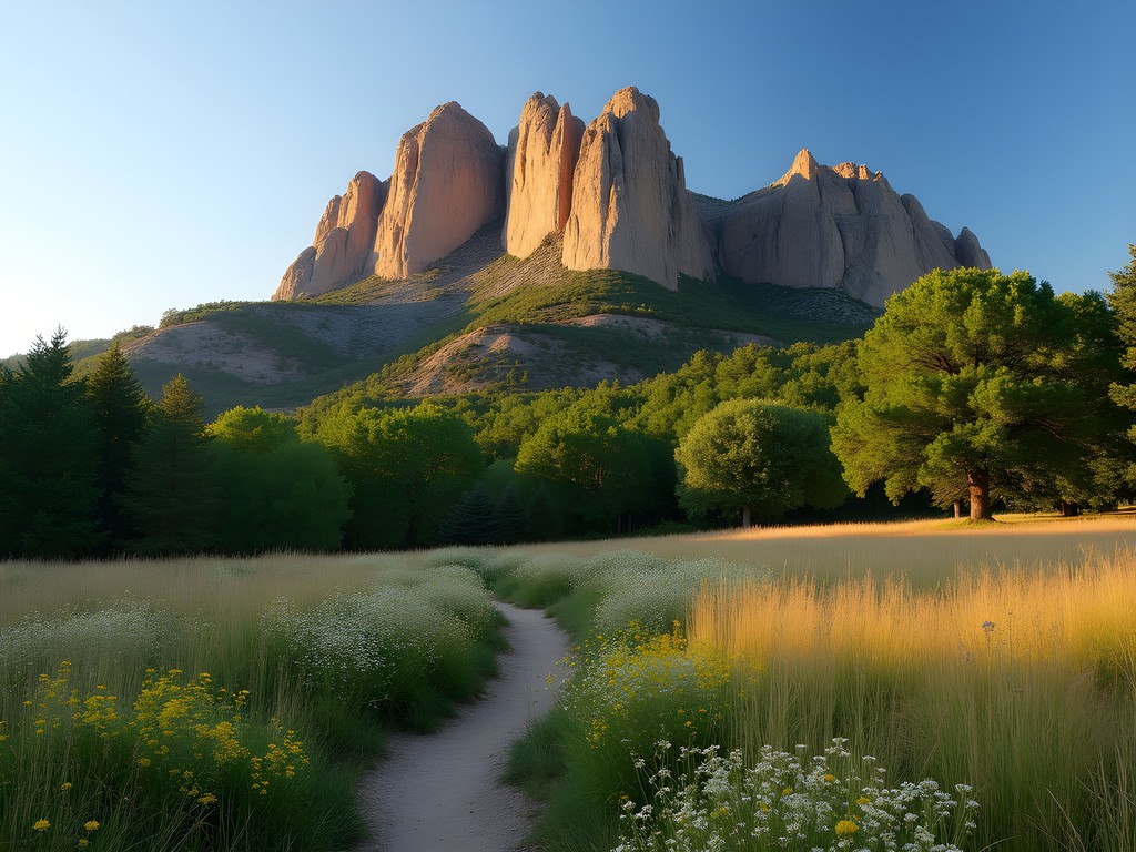 Morning light on Boulder's Flatirons with hiking trail