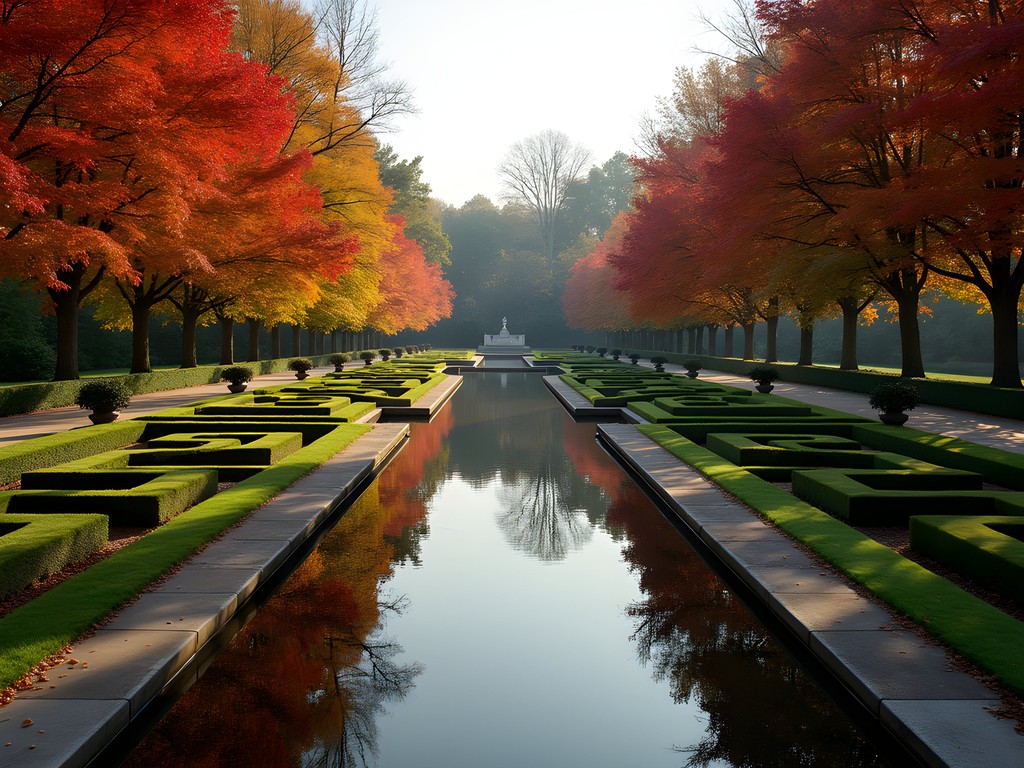 Geometric patterns in Longwood Gardens' autumn landscape