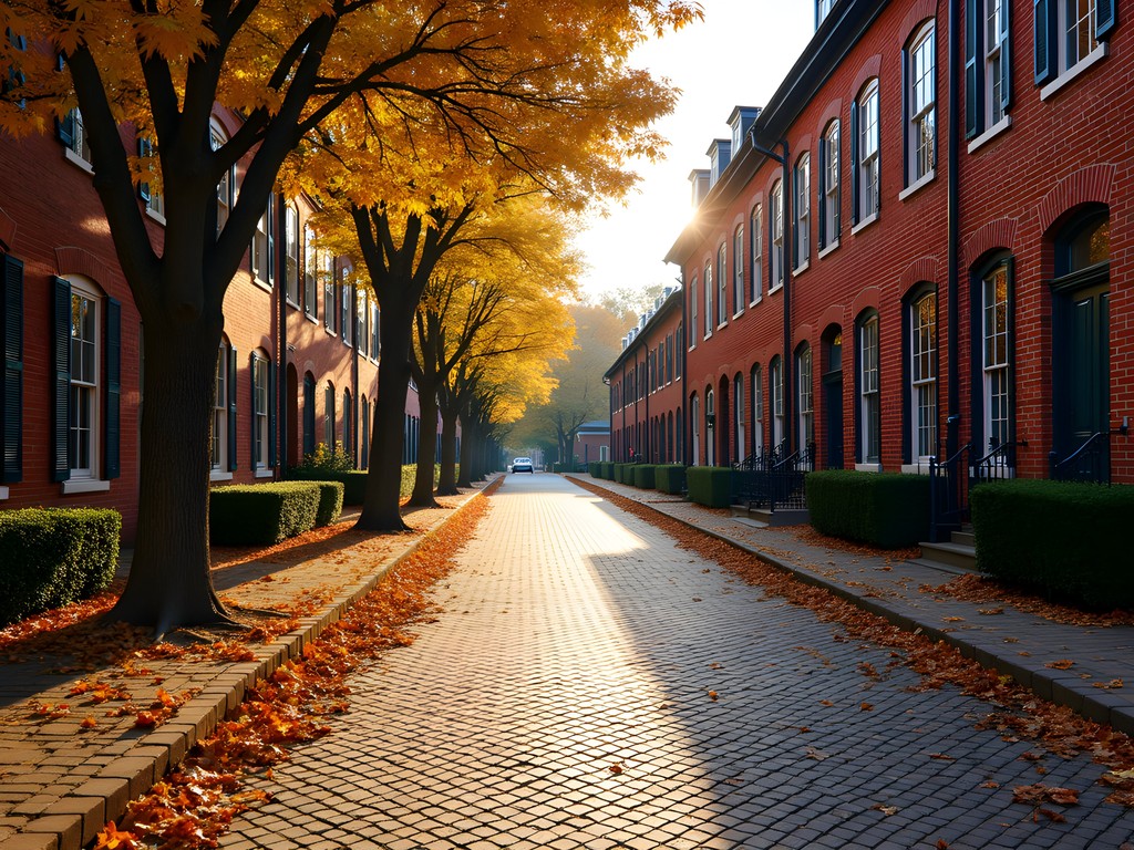 Geometric patterns in cobblestone streets of Historic New Castle in autumn