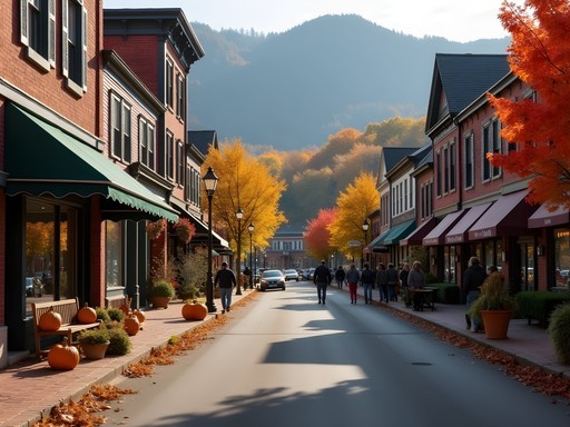 Charming mountain town street with historic buildings and fall decorations in New Jersey Highlands