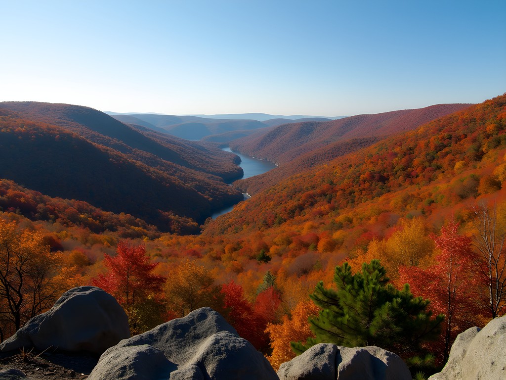 Panoramic view of New Jersey Highlands covered in vibrant fall foliage