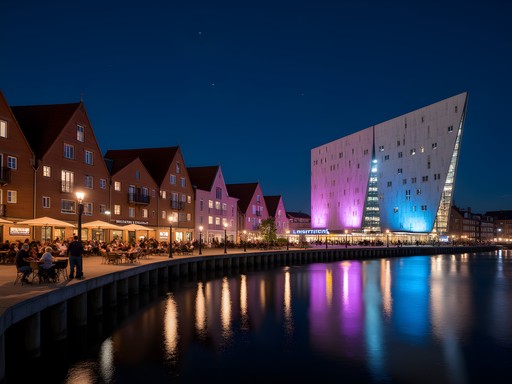 Nighttime view of Aarhus harbor with modern architecture illuminated