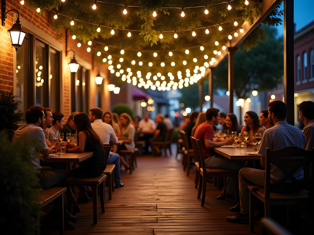 Atmospheric outdoor patio dining in Auburn at night with string lights and diverse group enjoying late dinner