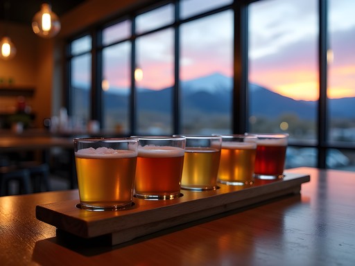 Craft beverage tasting flight at an Aurora distillery with mountain views at sunset