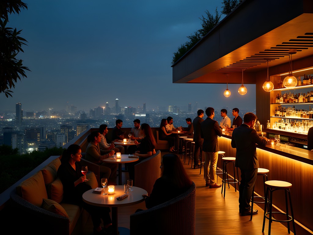 Elegant rooftop nightclub in Bangalore with city lights and well-dressed patrons