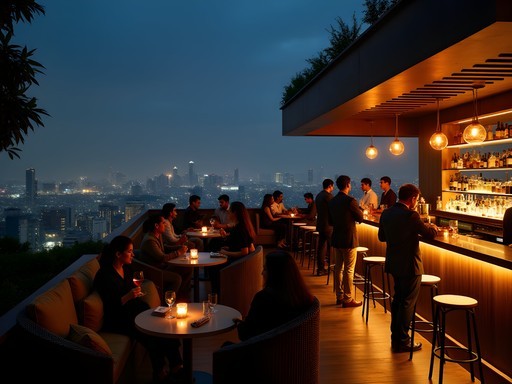 Elegant rooftop nightclub in Bangalore with city lights and well-dressed patrons