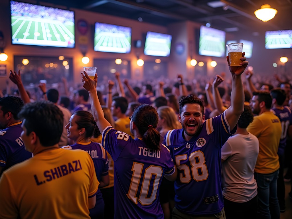 LSU fans celebrating at Baton Rouge bar after football game in purple and gold