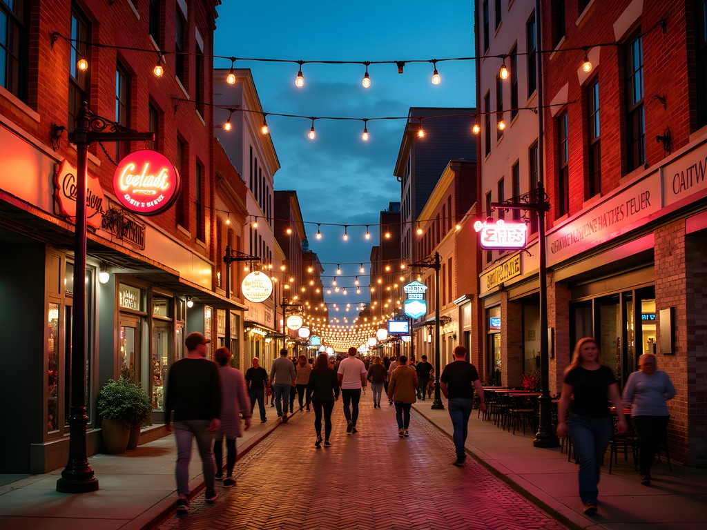Third Street Baton Rouge nightlife district with illuminated bars and restaurants