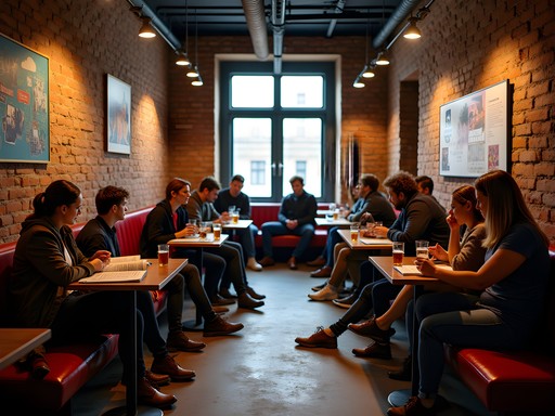 Vibrant common area in Berlin hostel with travelers socializing