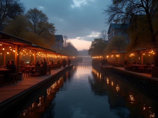 Riverside underground club in Berlin with fairy lights and relaxed atmosphere