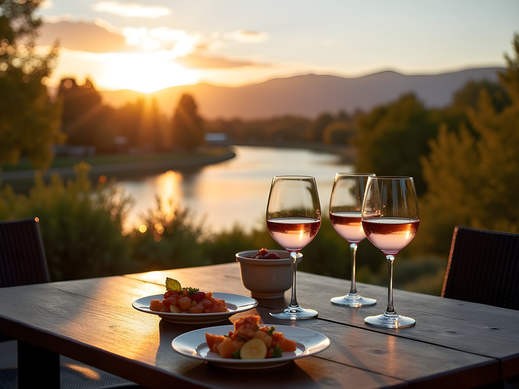 Elegant wine tasting on a riverside patio in Boise at sunset with mountain views