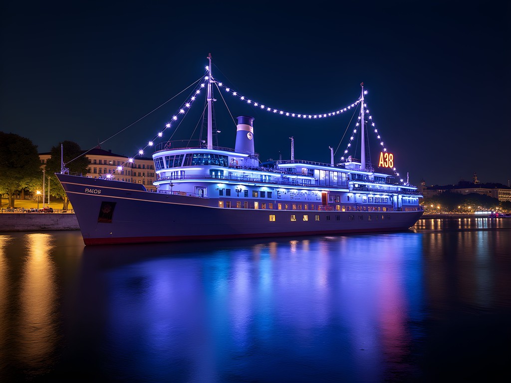 A38 Ship music venue illuminated at night on the Danube River in Budapest