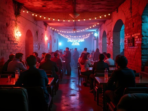 Vibrant nighttime atmosphere in a Budapest ruin bar with diverse crowd and colorful lighting