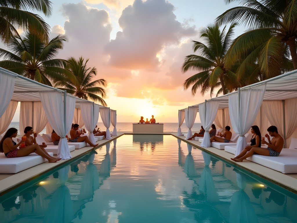 Luxury beach club infinity pool overlooking Caribbean Sea at sunset in Cancun