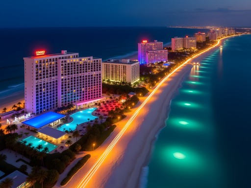 Aerial view of illuminated Cancun Hotel Zone at night with clubs and resorts
