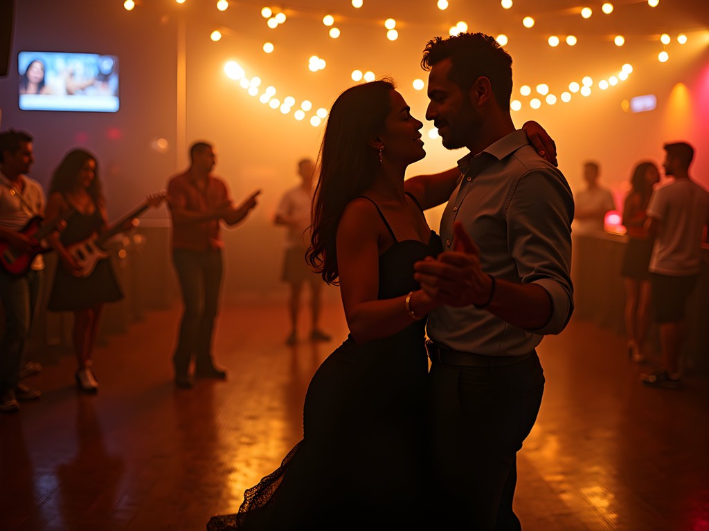 Couple dancing salsa in a traditional Venezuelan venue with live band