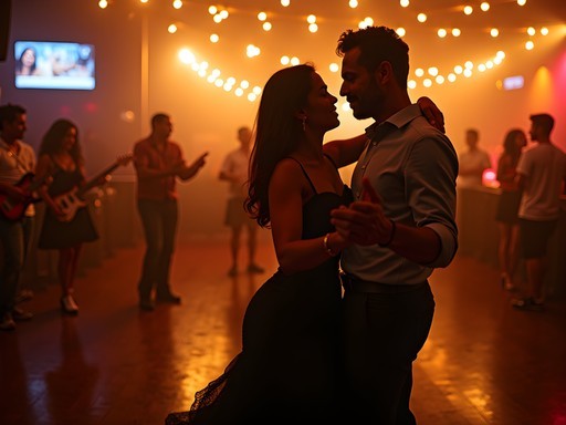 Couple dancing salsa in a traditional Venezuelan venue with live band