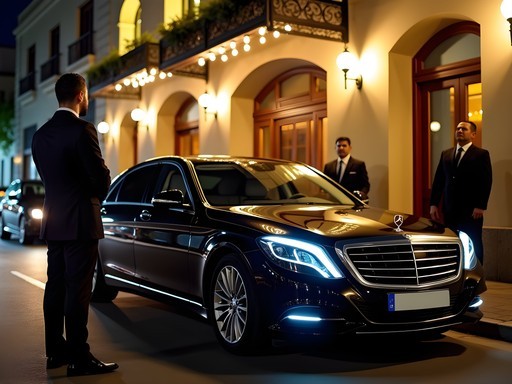 Professional driver waiting by luxury vehicle outside upscale Caracas venue at night