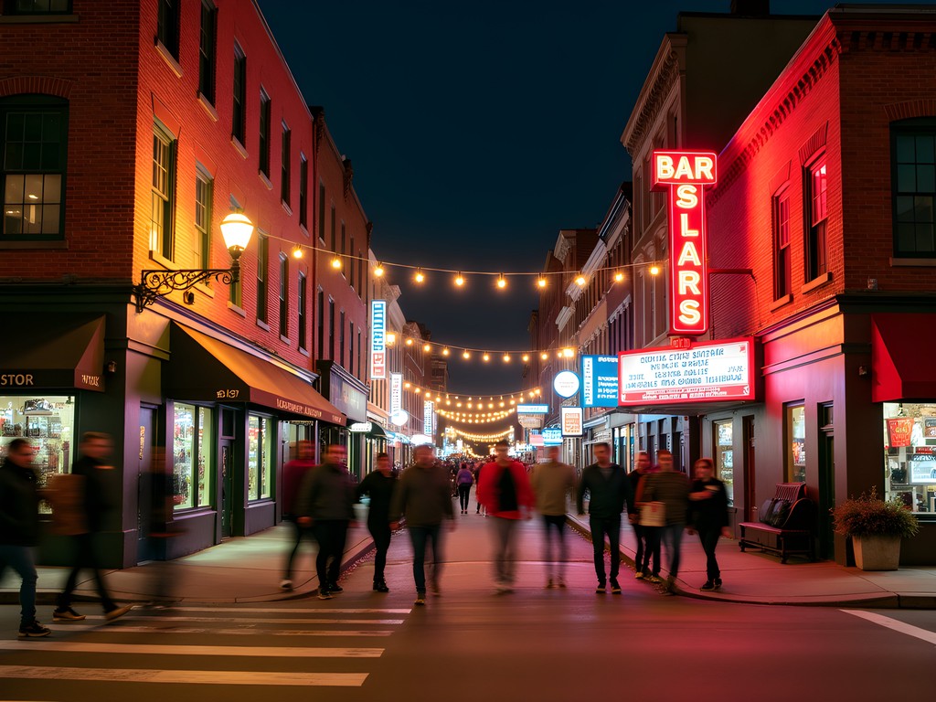 Illuminated street view of Central Falls' main nightlife district with people walking between venues