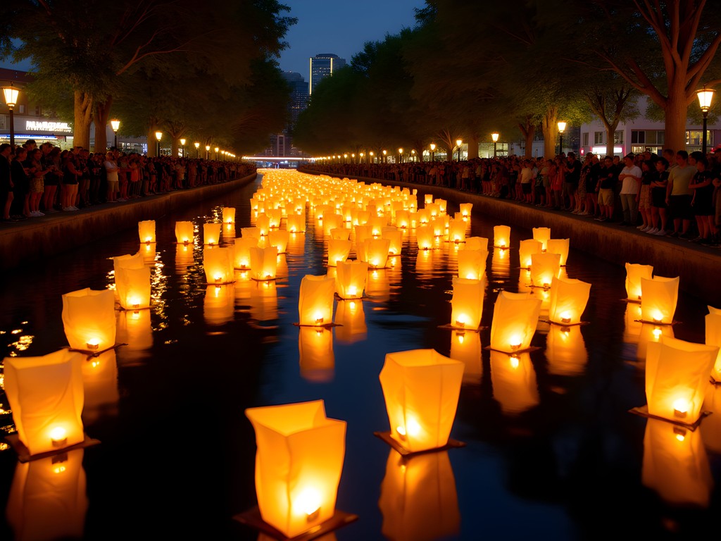 Floating lanterns illuminating the Blackstone River during Central Falls' Festival of Lights celebration