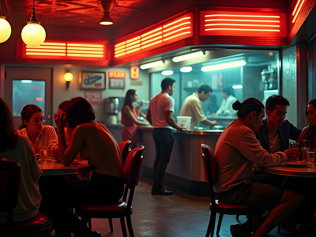 Atmospheric late-night Chicago diner with neon lights and diverse patrons enjoying post-club meals