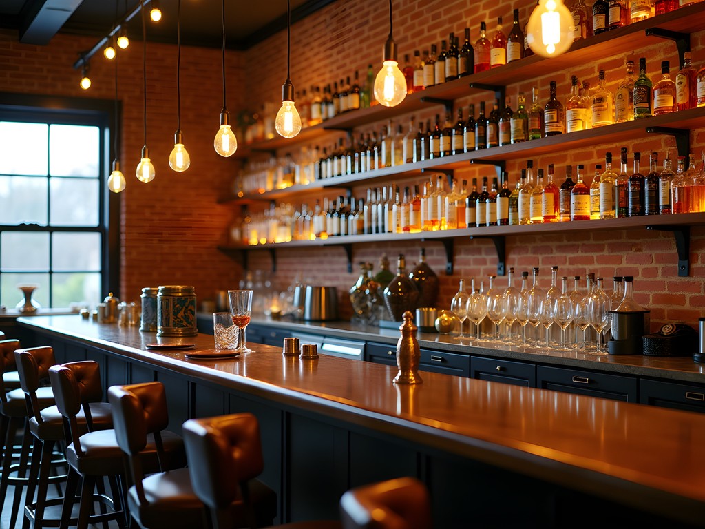 Intimate craft cocktail bar interior in Columbia Missouri with exposed brick and ambient lighting