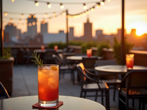 Sunset view from rooftop bar in downtown Columbia Missouri