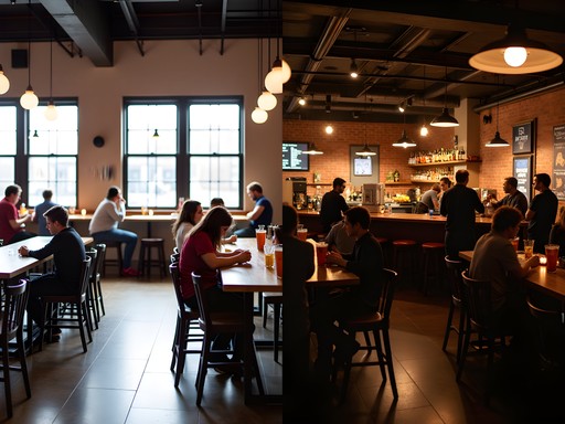 Split image showing Covington brewery's transformation from day to night