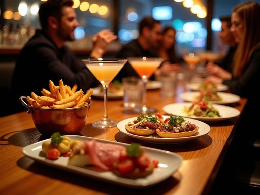 Elegant late-night dining scene in Uptown Dallas with craft cocktails and gourmet small plates