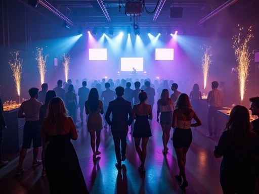 Energetic dance floor scene at upscale Dallas Uptown nightclub with professional lighting and diverse crowd