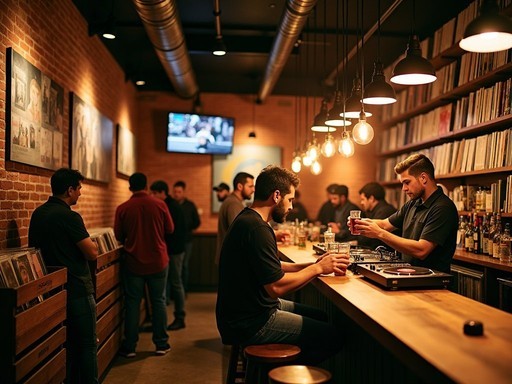 Uptown Dallas vinyl bar with DJ spinning records and patrons browsing through record crates