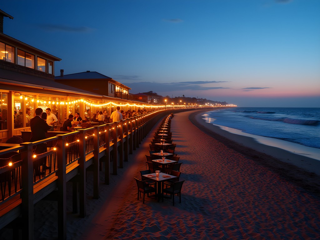 Illuminated beachfront bars along Eastern Beach in East London, South Africa at twilight