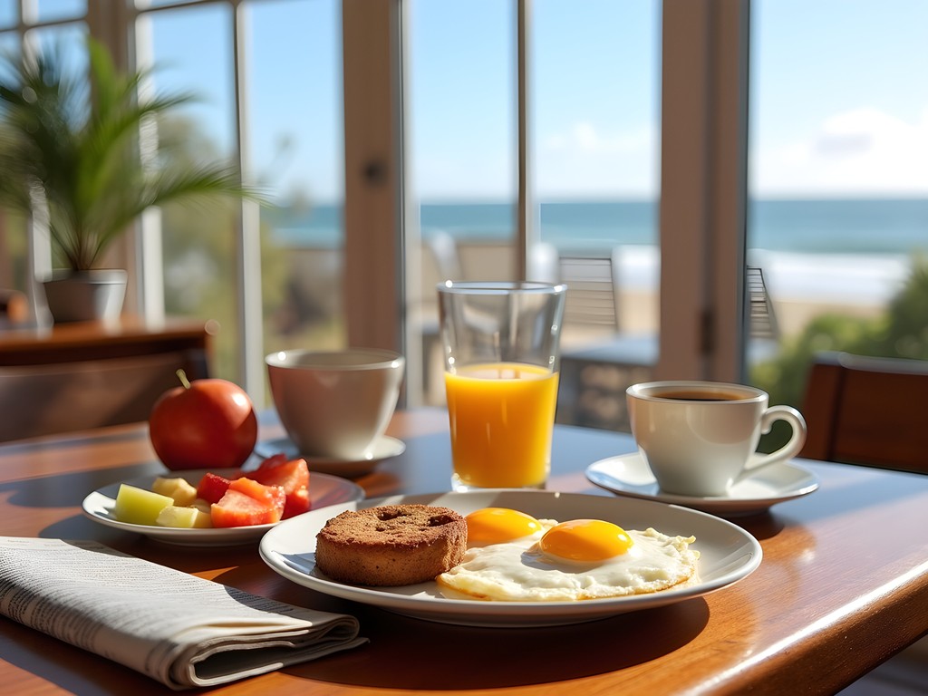 Recovery breakfast with coffee and ocean view at a beachfront cafe in East London, South Africa