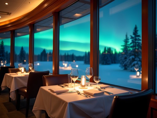 Upscale restaurant in Fairbanks with Northern Lights visible through panoramic windows