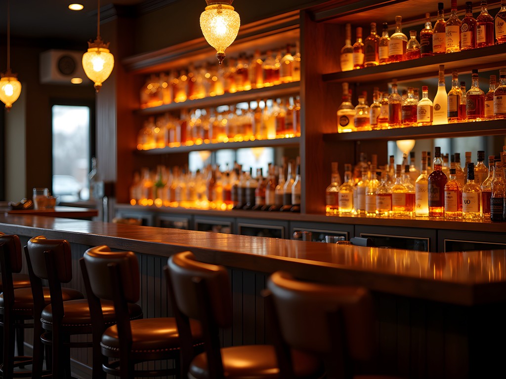 Warm bourbon bar interior in Florence Kentucky with extensive whiskey selection