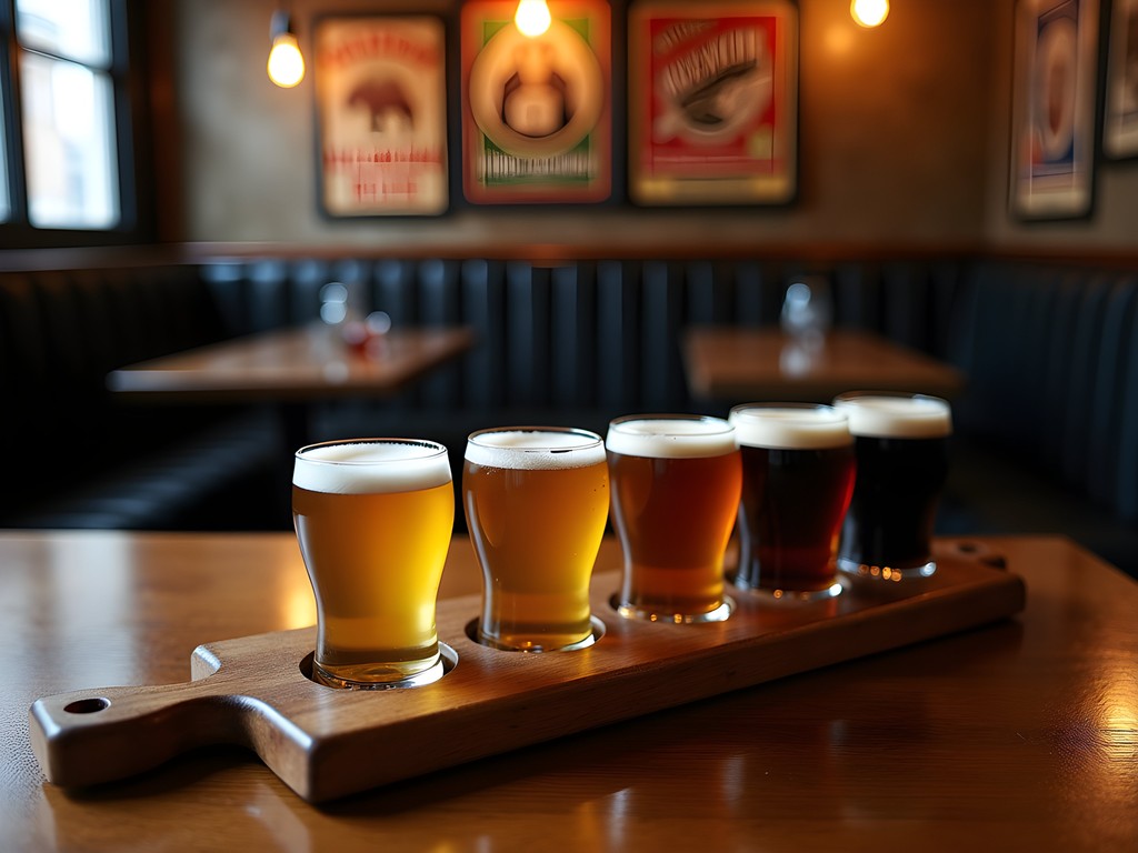 Beer flight tasting in historic brown cafe with wooden interior in Ghent