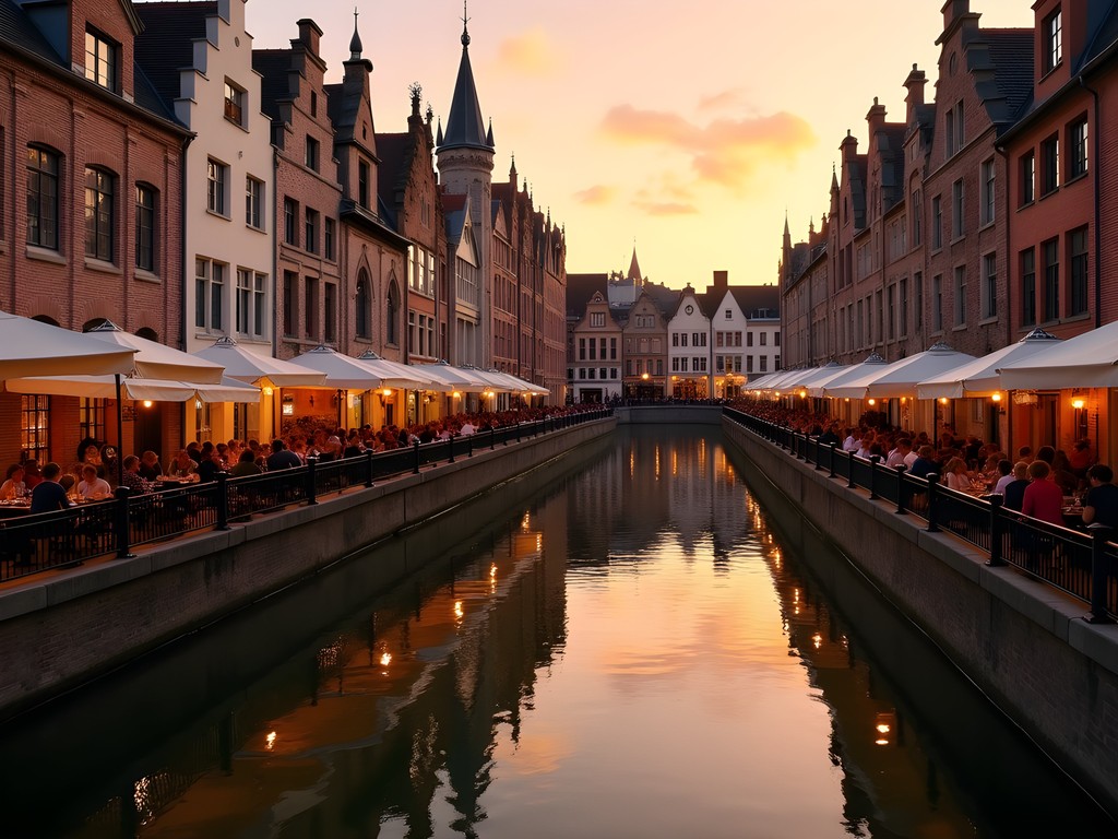 Medieval guild houses reflected in River Leie at golden hour in Ghent Belgium