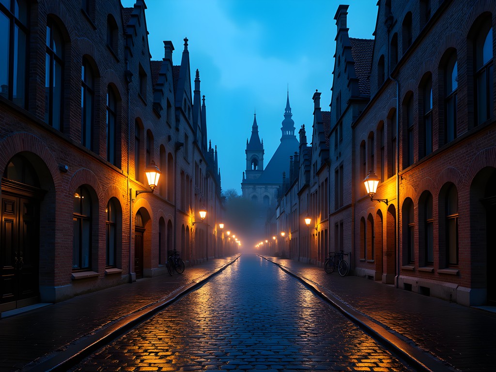 Empty medieval street in Ghent at pre-dawn blue hour with soft illumination and no people