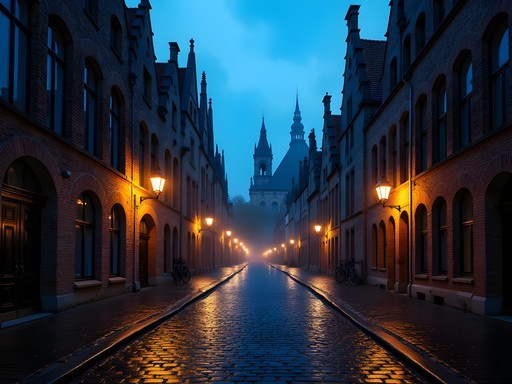 Empty medieval street in Ghent at pre-dawn blue hour with soft illumination and no people