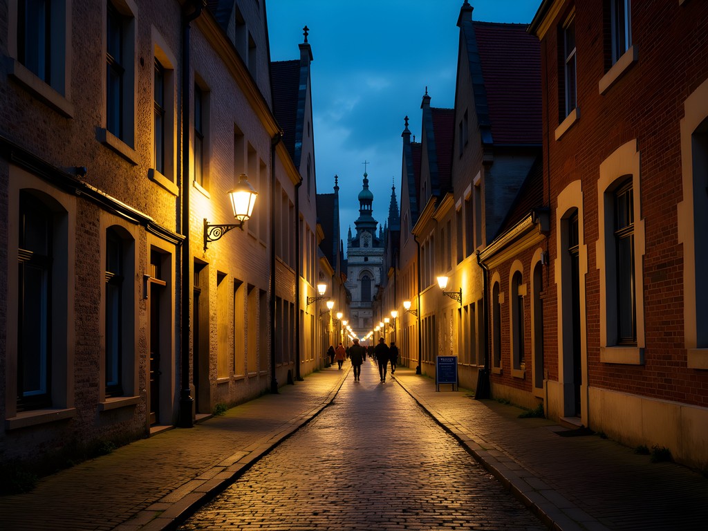 Atmospheric narrow cobblestone street in Patershol district of Ghent at night with warm lighting