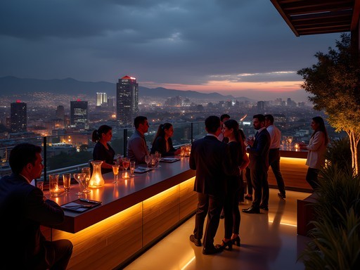 Panoramic view of Guatemala City's Zona Viva rooftop bar with city lights