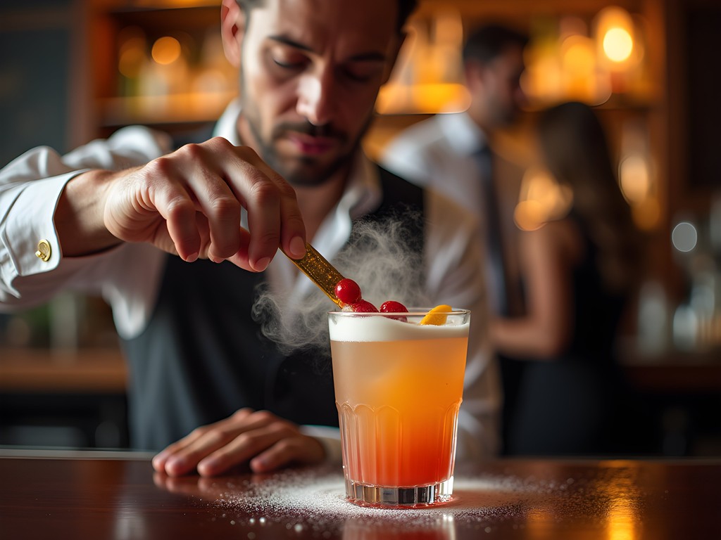 Bartender creating an elaborate craft cocktail at an upscale Hilton Head bar
