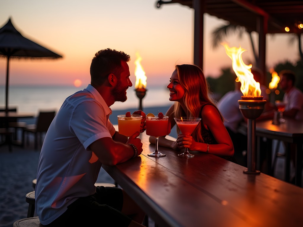 Elegant beach bar at sunset in Hilton Head with couples enjoying cocktails