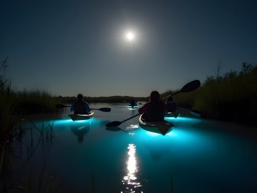 Couple kayaking through Hilton Head marshes under moonlight with bioluminescent waters