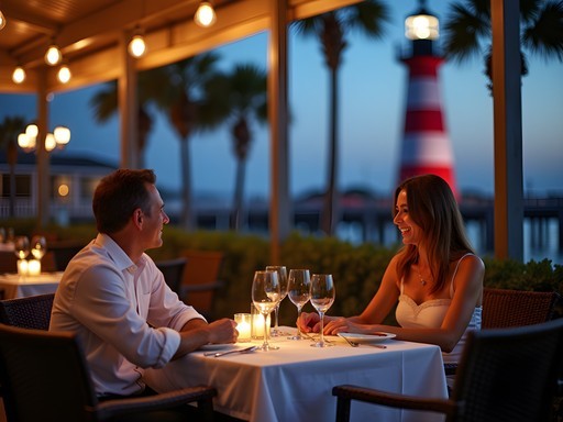 Elegant couple enjoying late-night dinner at Quarterdeck restaurant with Harbour Town lighthouse visible in background