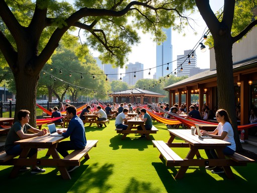 Digital nomads working in Axelrad Beer Garden during daytime in Houston